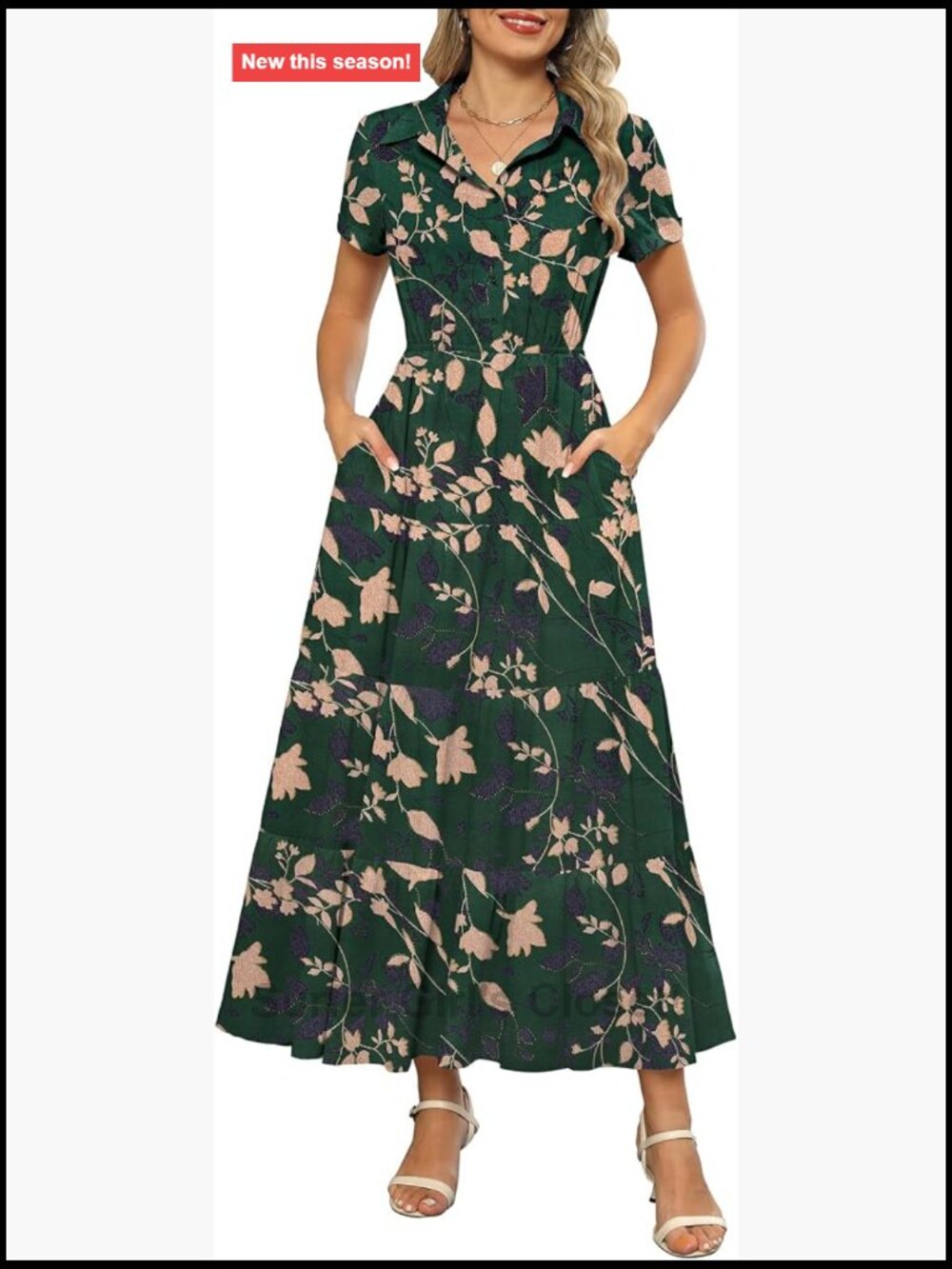 Chiffon Floral Maxi Dress with Pockets Collared V Neck Short Sleeve Button Down - Picture 1 of 7